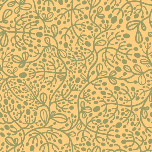 A detailed fabric pattern featuring orange, beige, and green elements depicting various plants. The pattern also includes a slight dotted texture, adding extra visual interest and texture. This surface pattern combines leaves and flowers in a harmonious and colorful composition, creating a lively and natural impression. Perfect for different types of patterns and designs in textiles and home decor, showcasing the creativity of a skilled surface pattern designer