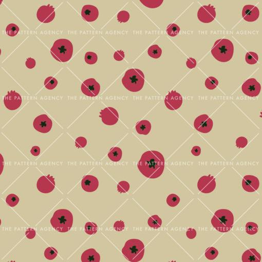 The image depicts a beige background with vibrant red blueberry-like patterns, showcasing a creative example of fabric pattern design. These patterns feature round red shapes with darker spots at their centers, resembling ripe blueberries, and are a great example of surface pattern designs. Against the beige backdrop, the red blueberry motifs stand out prominently, creating a visually striking contrast that is popular in various types of patterns.