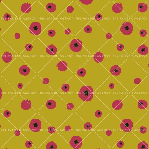 The image depicts a mottled yellow background with vibrant blueberry-like patterns. These patterns feature round blue shapes with darker spots at their centers, resembling ripe blueberries. Notably, the blueberries in the pattern are depicted as red. Against the speckled yellow backdrop, the blueberry motifs stand out prominently, creating a visually striking contrast. This depiction evokes a sense of freshness and vitality, reminiscent of a fruitful harvest. The combination of the yellow background and the red-blueberry-inspired patterns infuses the design with a playful and lively atmosphere.