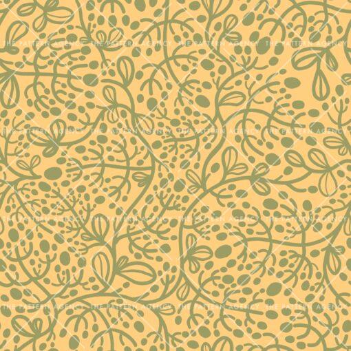 A detailed fabric pattern featuring orange, beige, and green elements depicting various plants. The pattern also includes a slight dotted texture, adding extra visual interest and texture. This surface pattern combines leaves and flowers in a harmonious and colorful composition, creating a lively and natural impression. Perfect for different types of patterns and designs in textiles and home decor, showcasing the creativity of a skilled surface pattern designer